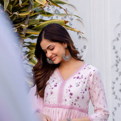 Women Floral Embroidered Tiered Cotton Kurta with Trousers & Dupatta