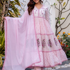 Women Floral Embroidered Tiered Cotton Kurta with Trousers & Dupatta