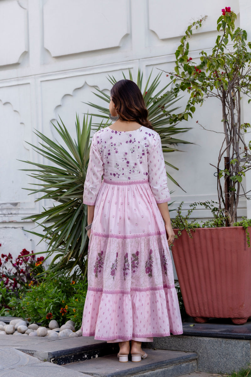 Women Floral Embroidered Tiered Cotton Kurta with Trousers & Dupatta