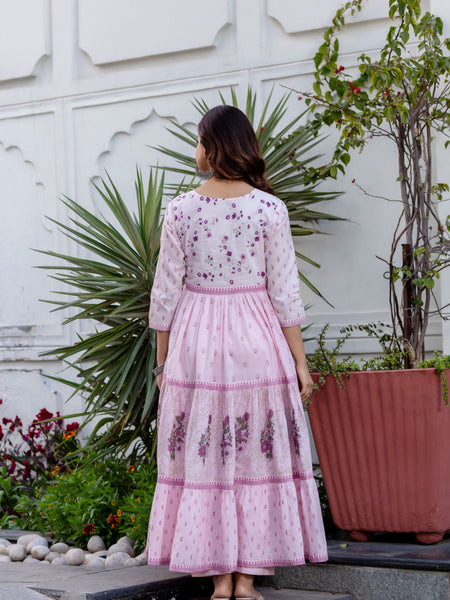 Women Floral Embroidered Tiered Cotton Kurta with Trousers & Dupatta