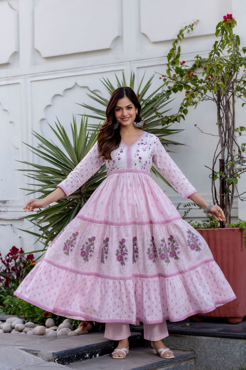 Women Floral Embroidered Tiered Cotton Kurta with Trousers & Dupatta