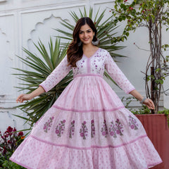 Women Floral Embroidered Tiered Cotton Kurta with Trousers & Dupatta