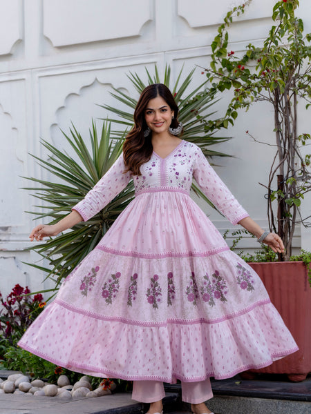 Women Floral Embroidered Tiered Cotton Kurta with Trousers & Dupatta