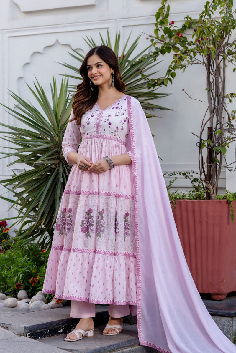 Women Floral Embroidered Tiered Cotton Kurta with Trousers & Dupatta