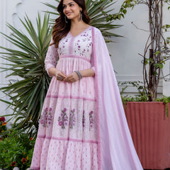 Women Floral Embroidered Tiered Cotton Kurta with Trousers & Dupatta