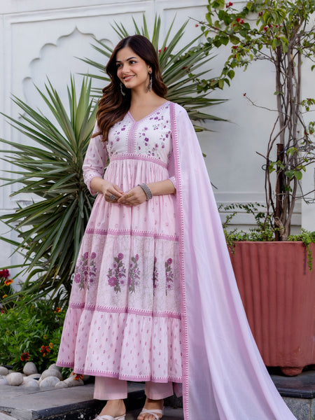 Women Floral Embroidered Tiered Cotton Kurta with Trousers & Dupatta