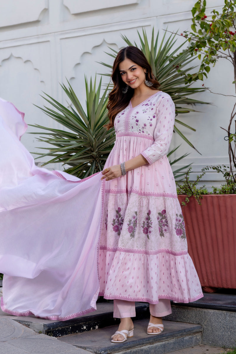 Women Floral Embroidered Tiered Cotton Kurta with Trousers & Dupatta