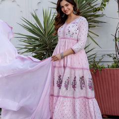 Women Floral Embroidered Tiered Cotton Kurta with Trousers & Dupatta