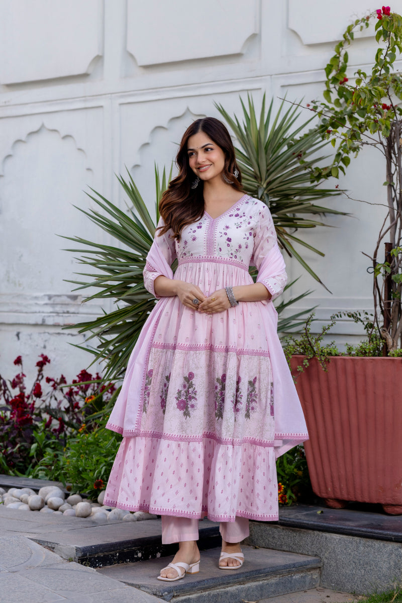 Women Floral Embroidered Tiered Cotton Kurta with Trousers & Dupatta