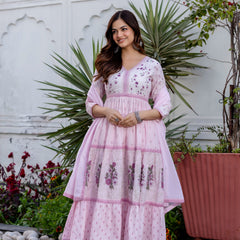 Women Floral Embroidered Tiered Cotton Kurta with Trousers & Dupatta
