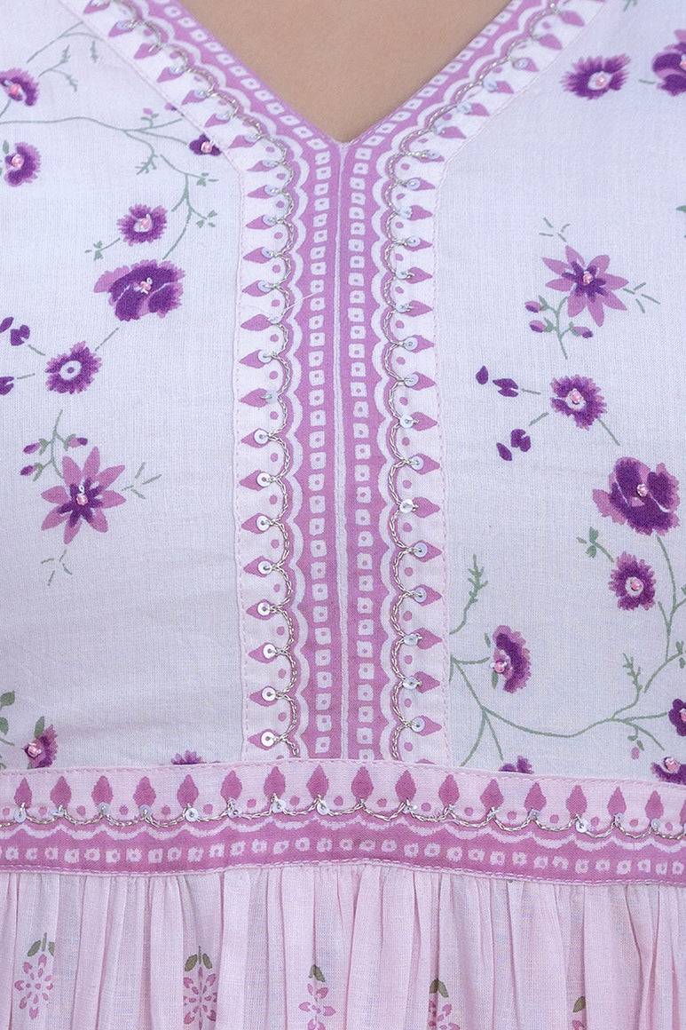 Women Floral Embroidered Tiered Cotton Kurta with Trousers & Dupatta