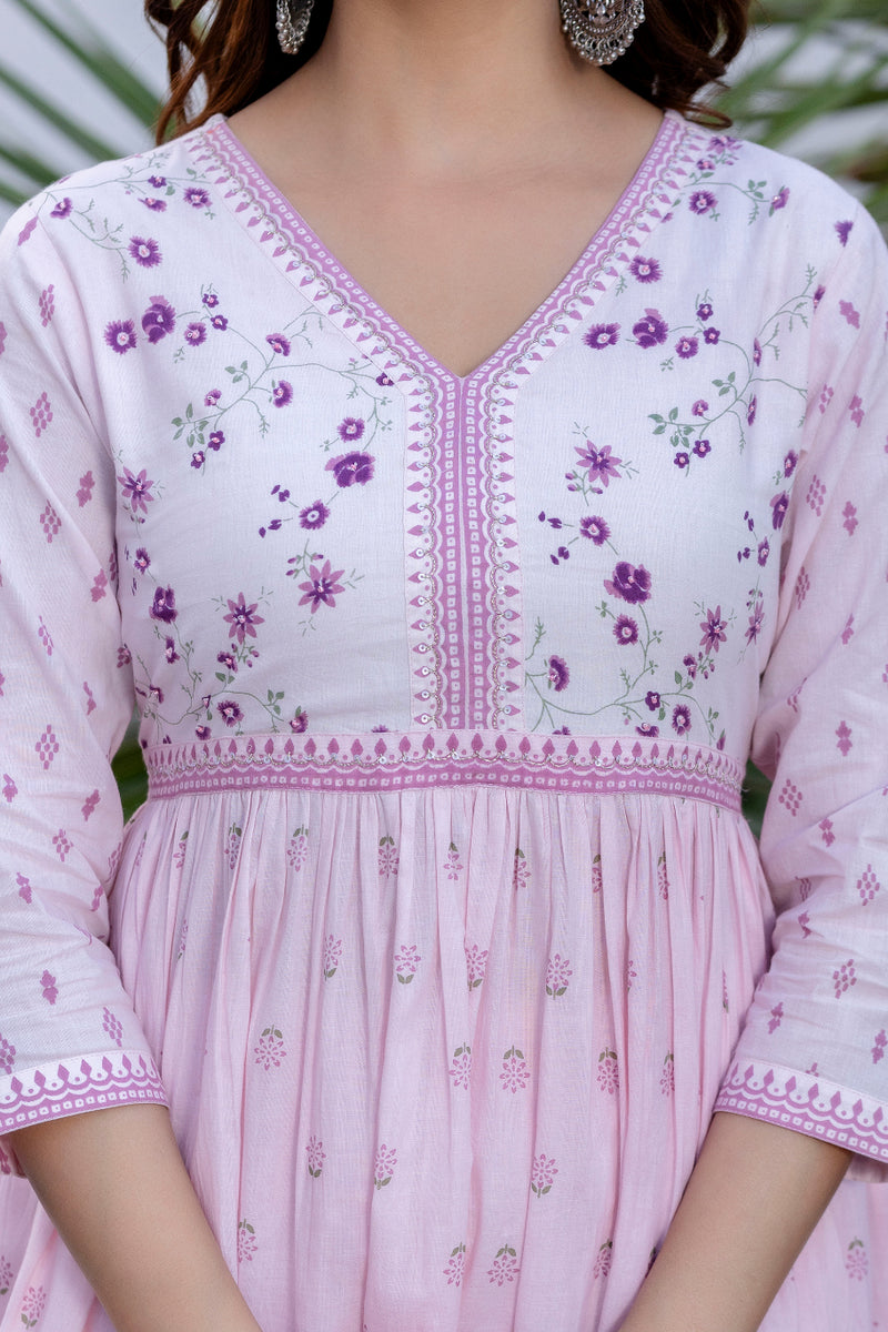 Women Floral Embroidered Tiered Cotton Kurta with Trousers & Dupatta