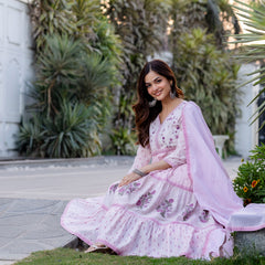 Women Floral Embroidered Tiered Cotton Kurta with Trousers & Dupatta