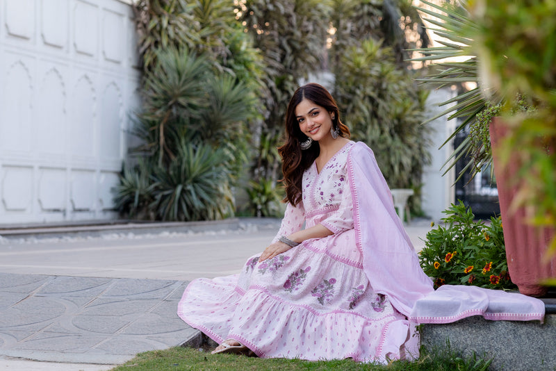 Women Floral Embroidered Tiered Cotton Kurta with Trousers & Dupatta