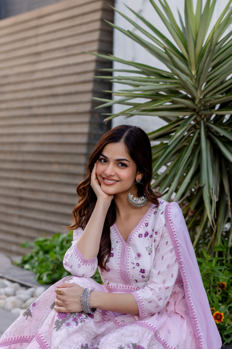 Women Floral Embroidered Tiered Cotton Kurta with Trousers & Dupatta
