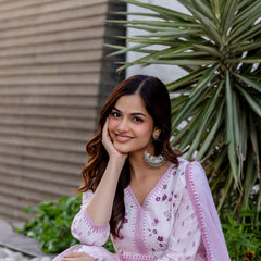 Women Floral Embroidered Tiered Cotton Kurta with Trousers & Dupatta