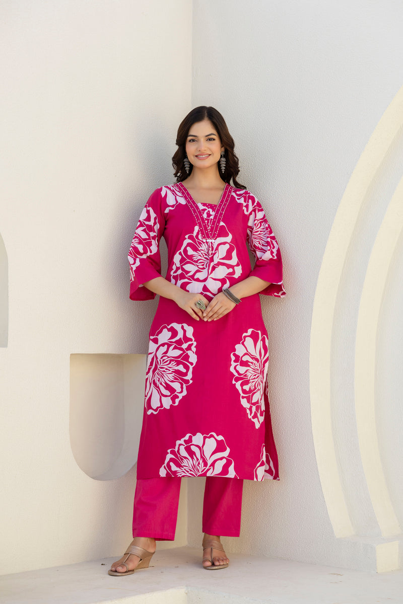 EthniFlair Floral Printed V Neck Straight Kurta & Trousers With Dupatta