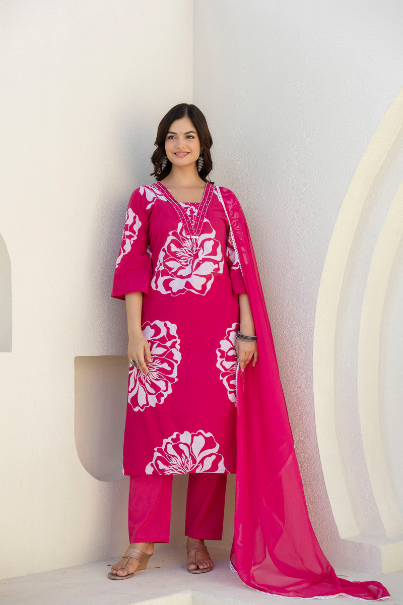 EthniFlair Floral Printed V Neck Straight Kurta & Trousers With Dupatta