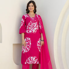 EthniFlair Floral Printed V Neck Straight Kurta & Trousers With Dupatta