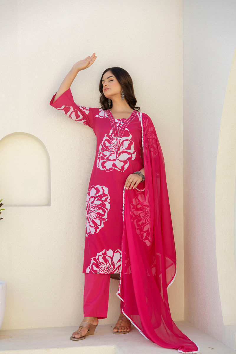 EthniFlair Floral Printed V Neck Straight Kurta & Trousers With Dupatta