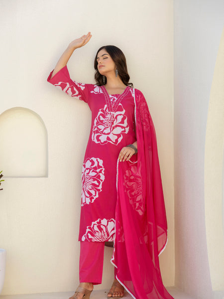 EthniFlair Floral Printed V Neck Straight Kurta & Trousers With Dupatta
