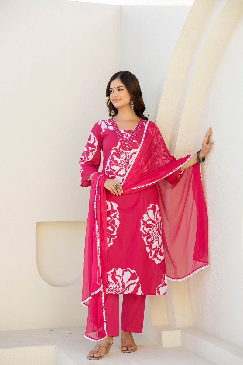 EthniFlair Floral Printed V Neck Straight Kurta & Trousers With Dupatta