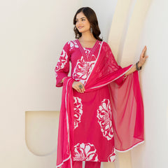 EthniFlair Floral Printed V Neck Straight Kurta & Trousers With Dupatta