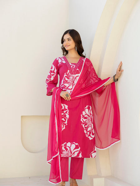EthniFlair Floral Printed V Neck Straight Kurta & Trousers With Dupatta