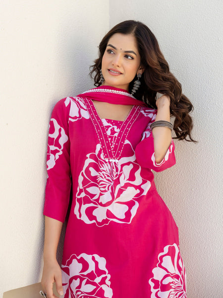 EthniFlair Floral Printed V Neck Straight Kurta & Trousers With Dupatta