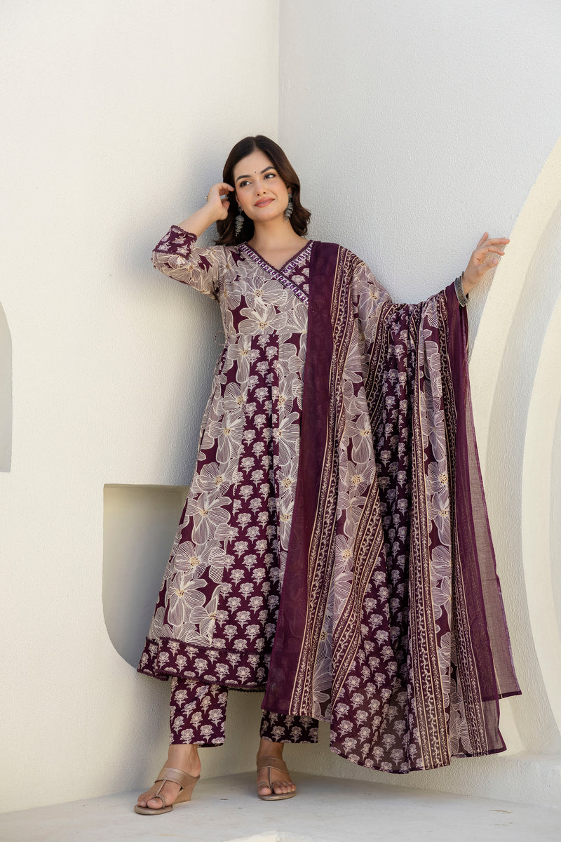 EthniFlair Floral Printed Kurta with Pyjama & Dupatta