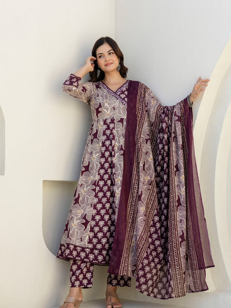EthniFlair Floral Printed Kurta with Pyjama & Dupatta