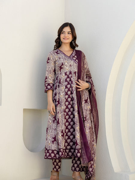 EthniFlair Floral Printed Kurta with Pyjama & Dupatta