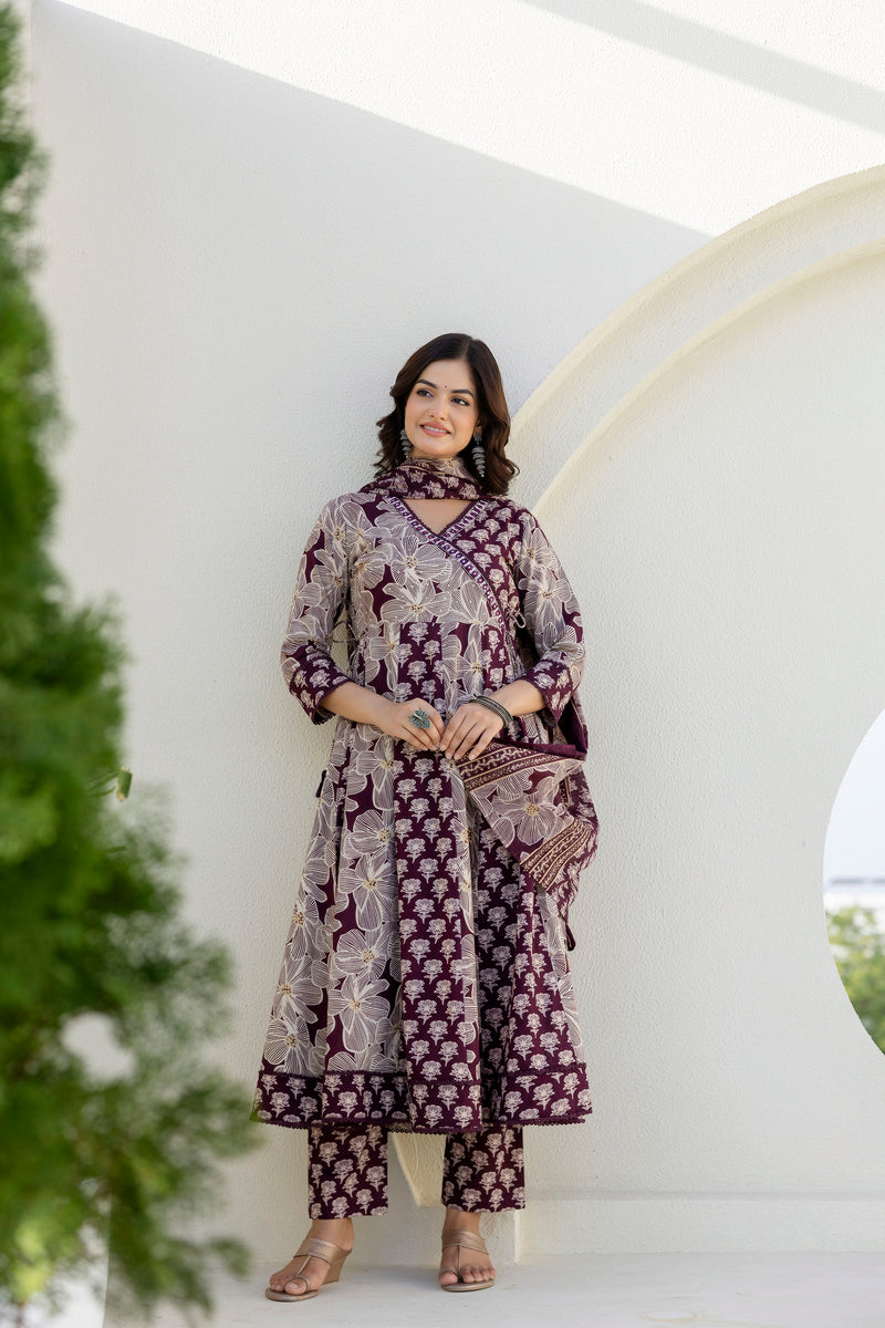 EthniFlair Floral Printed Kurta with Pyjama & Dupatta