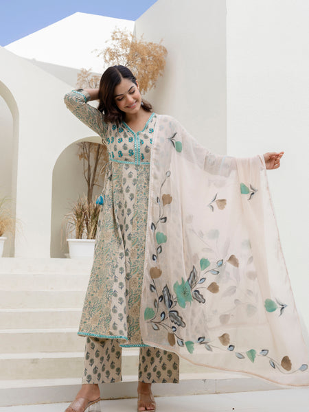 EthniFlair Floral Printed Kurta with Pyjama & Dupatta