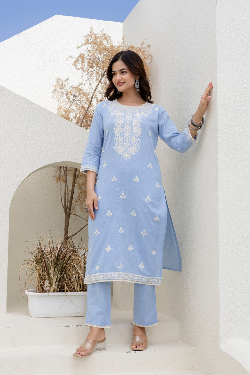 EthniFlair Floral Embroidered Kurta with Trousers & Dupatta