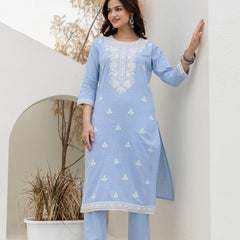 EthniFlair Floral Embroidered Kurta with Trousers & Dupatta