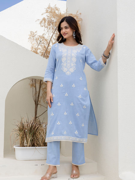EthniFlair Floral Embroidered Kurta with Trousers & Dupatta