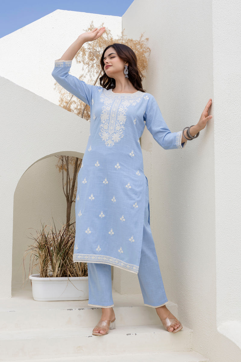 EthniFlair Floral Embroidered Kurta with Trousers & Dupatta