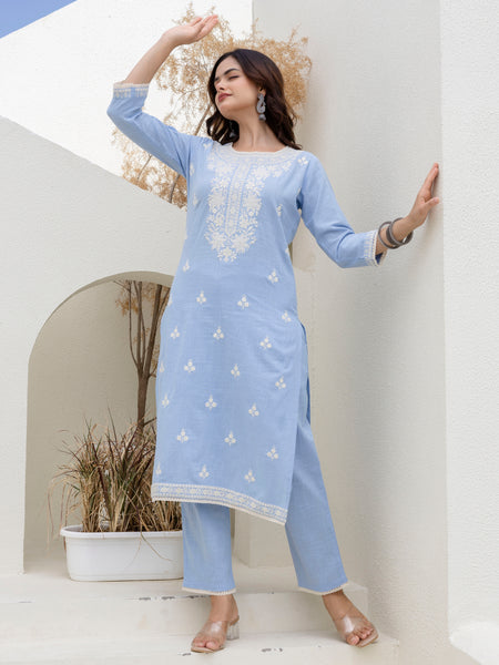 EthniFlair Floral Embroidered Kurta with Trousers & Dupatta