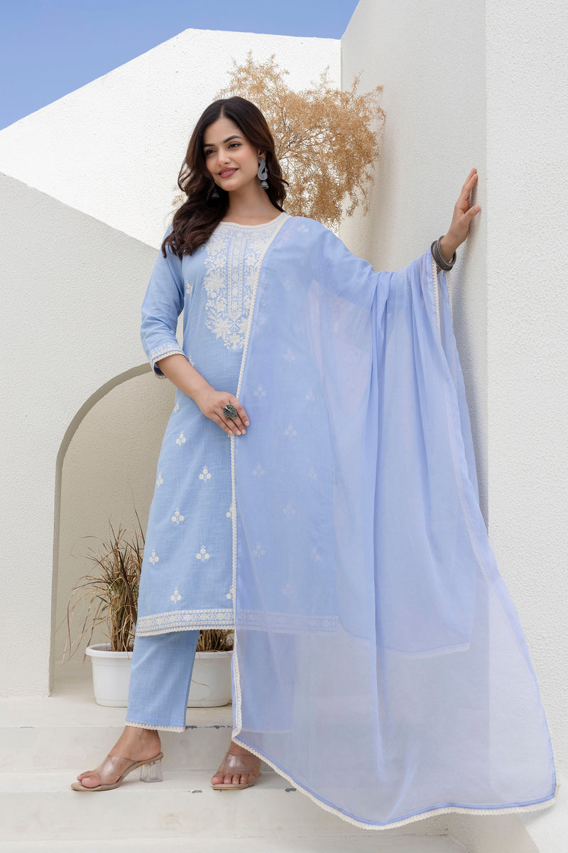 EthniFlair Floral Embroidered Kurta with Trousers & Dupatta