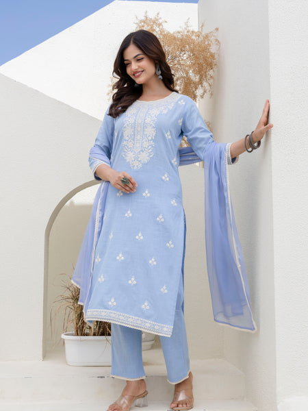 EthniFlair Floral Embroidered Kurta with Trousers & Dupatta