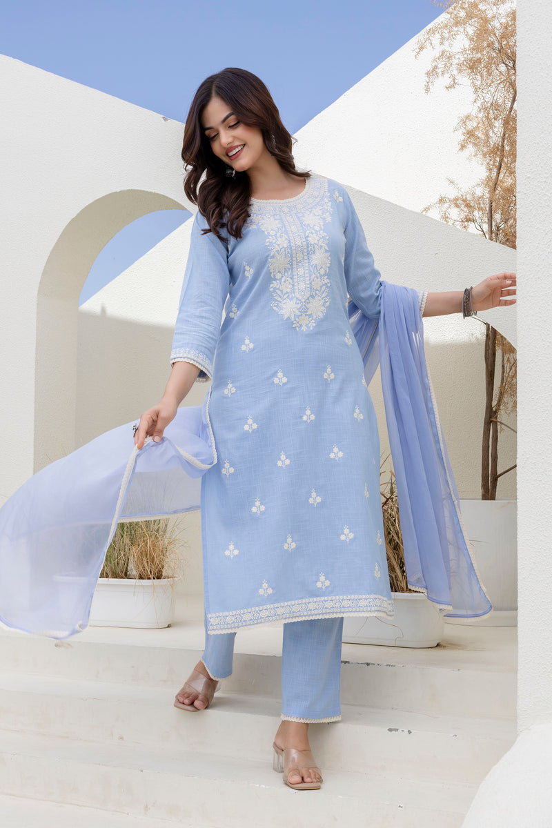 EthniFlair Floral Embroidered Kurta with Trousers & Dupatta