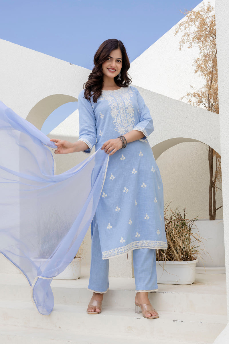 EthniFlair Floral Embroidered Kurta with Trousers & Dupatta
