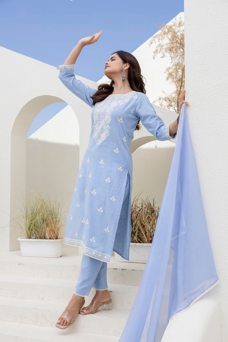 EthniFlair Floral Embroidered Kurta with Trousers & Dupatta