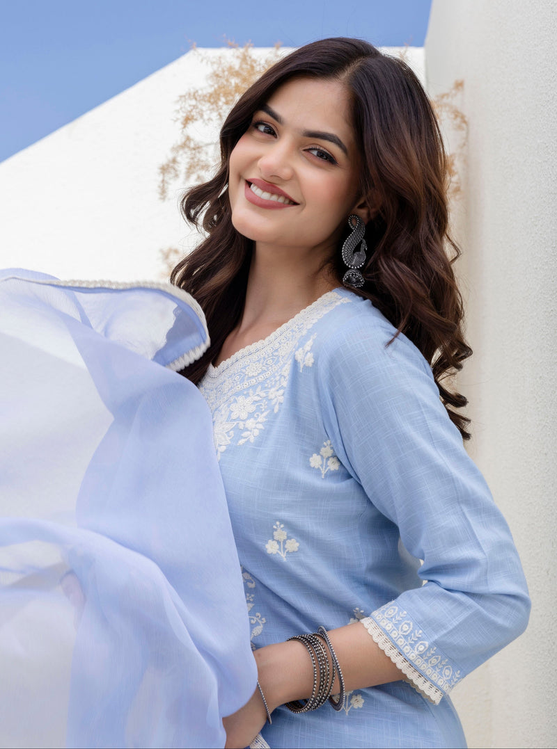 EthniFlair Floral Embroidered Kurta with Trousers & Dupatta