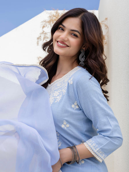 EthniFlair Floral Embroidered Kurta with Trousers & Dupatta