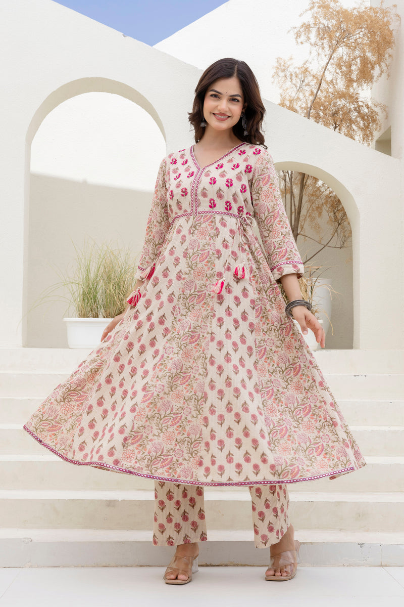 EthniFlair Floral Printed Mirror Work Anarkali Kurta With Trousers & Dupatta