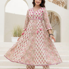 EthniFlair Floral Printed Mirror Work Anarkali Kurta With Trousers & Dupatta