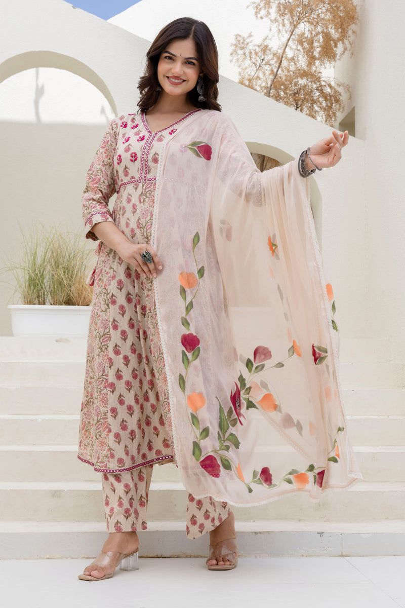 EthniFlair Floral Printed Mirror Work Anarkali Kurta With Trousers & Dupatta
