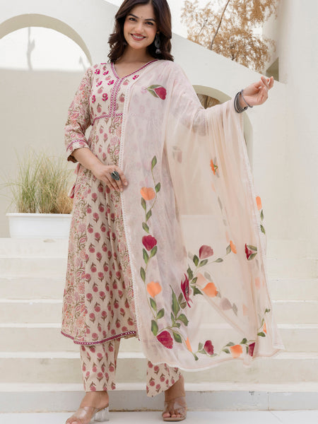 EthniFlair Floral Printed Mirror Work Anarkali Kurta With Trousers & Dupatta
